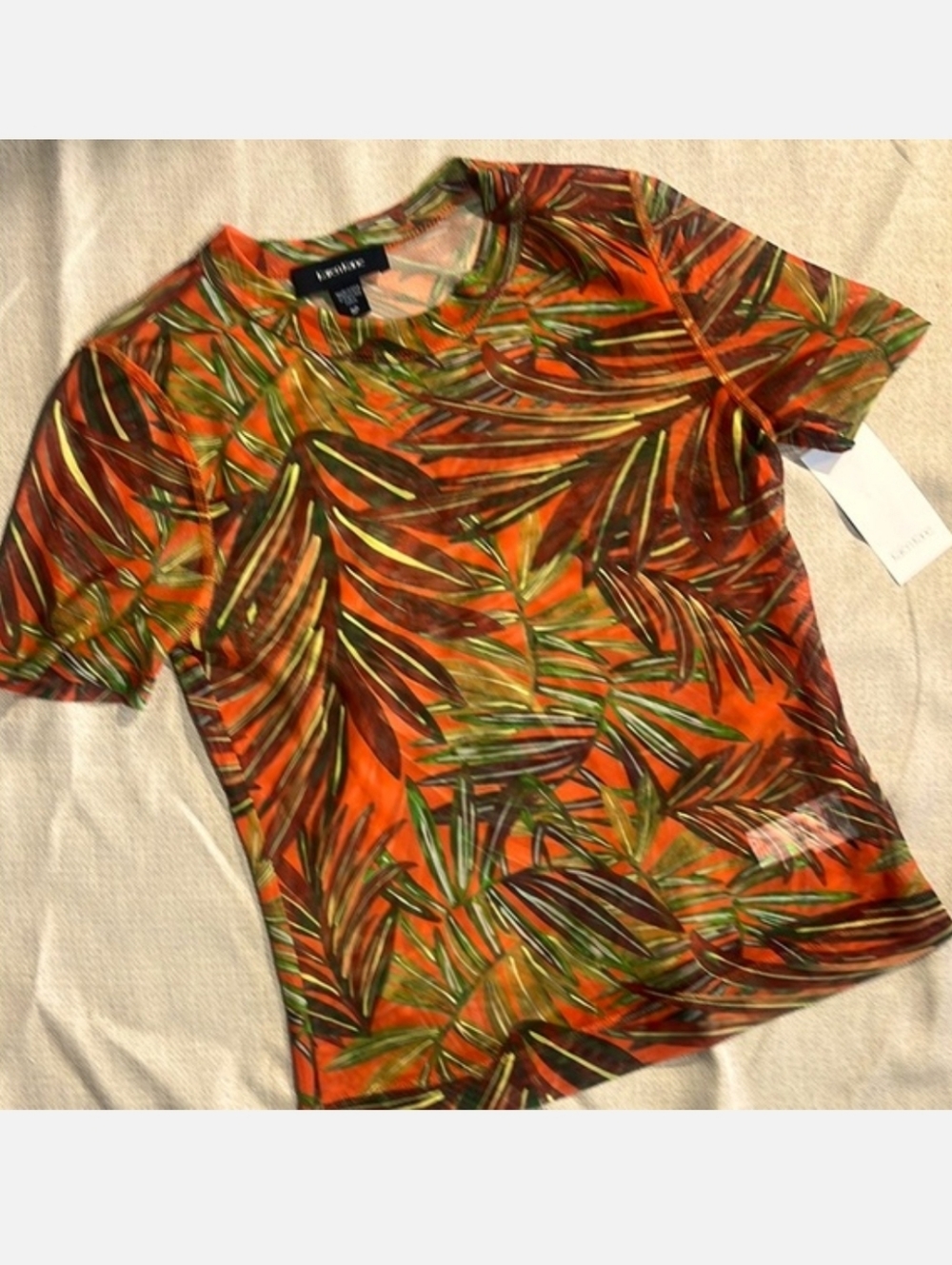 Karen Kane Orange Tropical Leaf Short Sleeve Tee - Picture 2 of 9